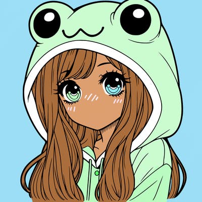 a pretty girl wearing a frog hoodie portrait with long hair