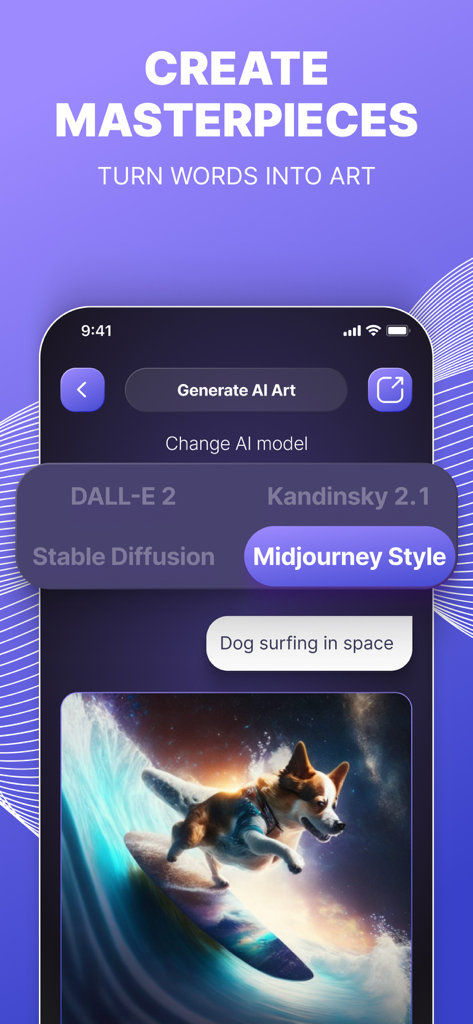 Jarvis Chat bot - AI Assistant - AI art generation interface in Jarvis app with a space surfing dog masterpiece