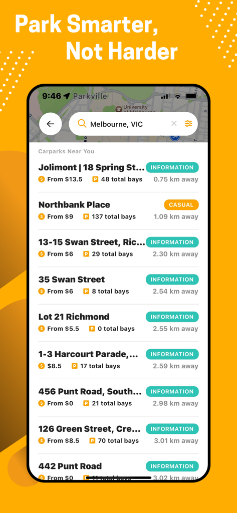 Care Park AU - Care Park AU mobile app screen displaying a list of available car parks in Melbourne with pricing and distances