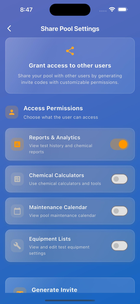 Interface para compartilhar configurações de piscina e definir permissões de acesso do usuário no aplicativo
