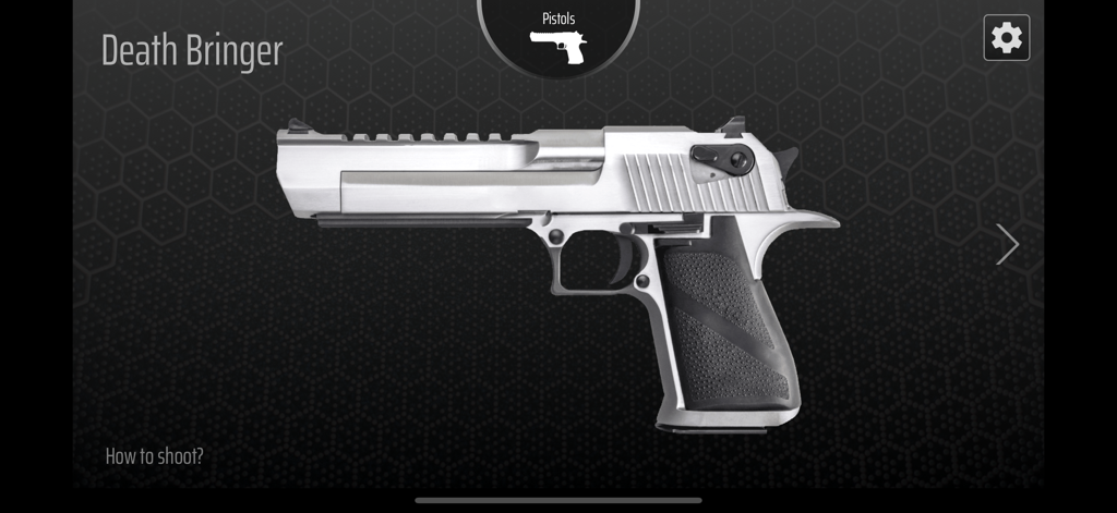 Gun Simulator - Shake to shoot - Una pistola plateada titulada Death Bringer en la interfaz de la aplicación Gun Simulator