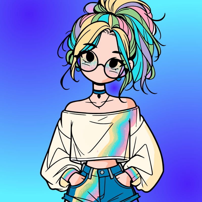 girl with a messy ponytail glasses a baggy crop top and jean shorts
