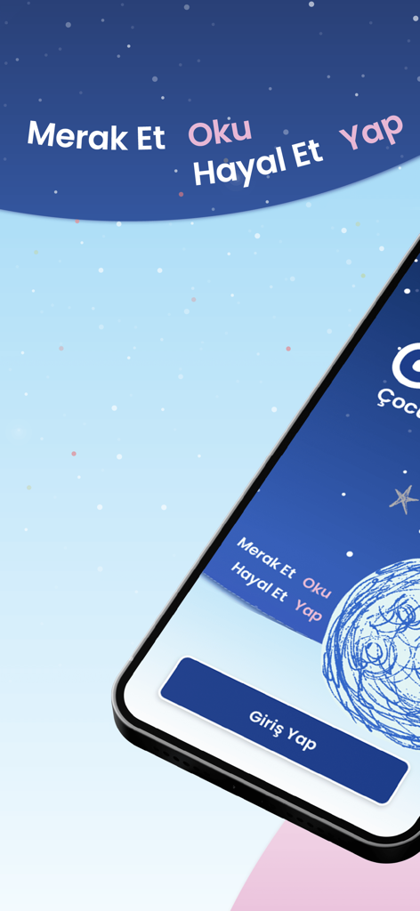 OKUDIO - Okudio kids educational app interface featuring a cosmic space theme with a login button and learning prompts