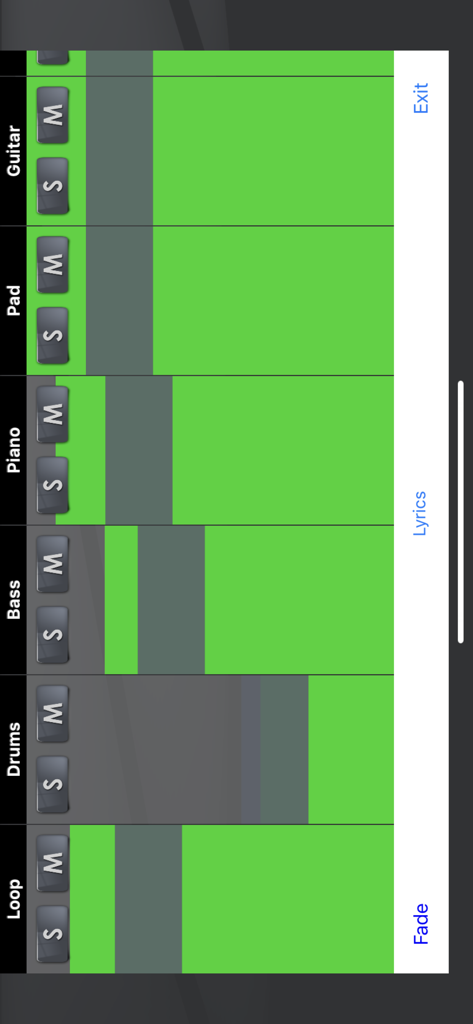 Worship Backing Tracks - Interface showing solo and mute controls for various musical tracks in the Worship Backing Tracks app