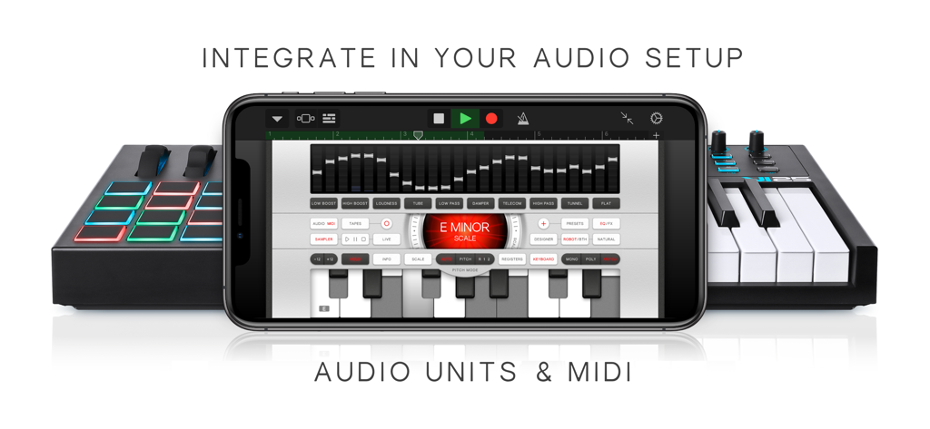 MIDI 하드웨어 컨트롤러로 둘러싸인 iPhone의 Voice Synth Modular 앱 인터페이스