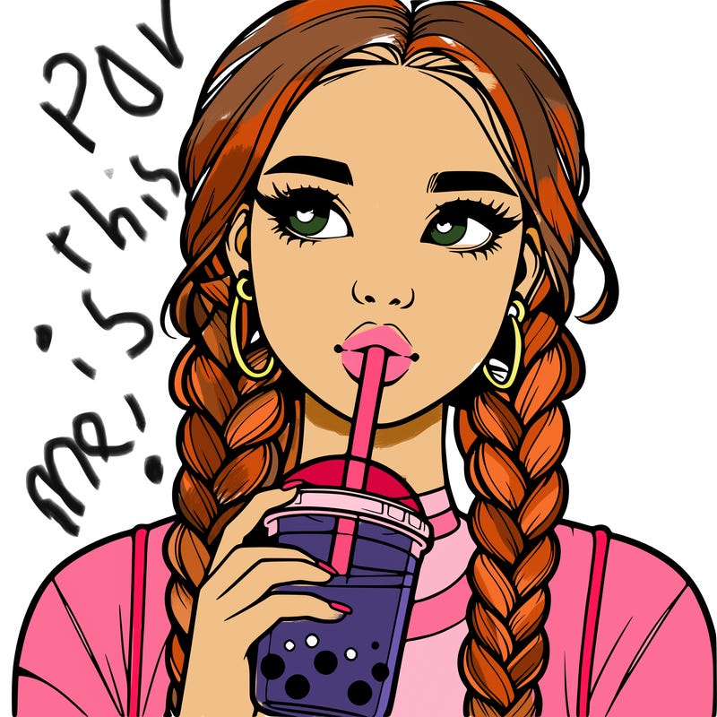realistic girl with braided hair drinking boba