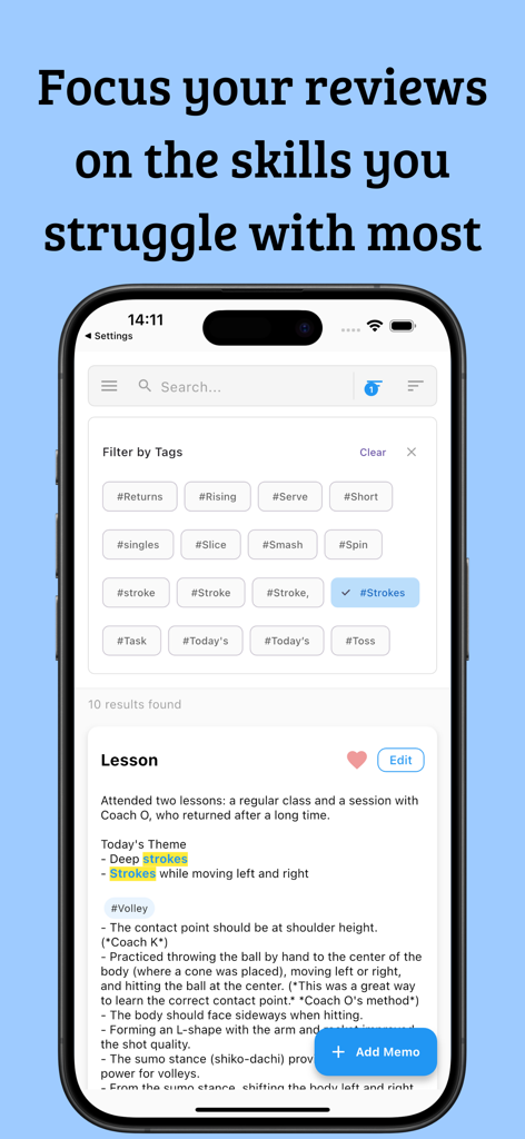 Tennis Memo - 特定のスキルでテニスのメモを整理するためのタグフィルター画面が表示されているテニスノートアプリのインターフェースを示すスマートフォン