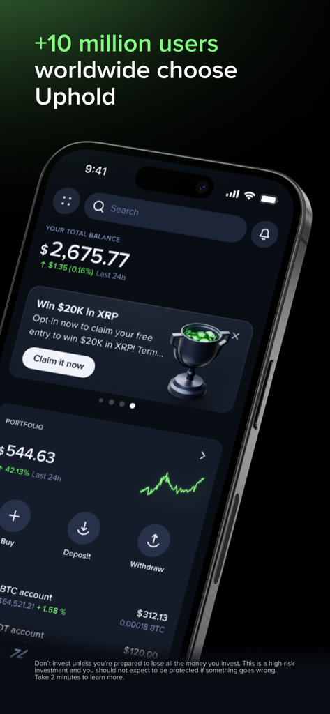 Uphold: Buy BTC, ETH and 360+ - Dashboard dell'app mobile Uphold che visualizza il saldo del portafoglio e il numero globale di utenti