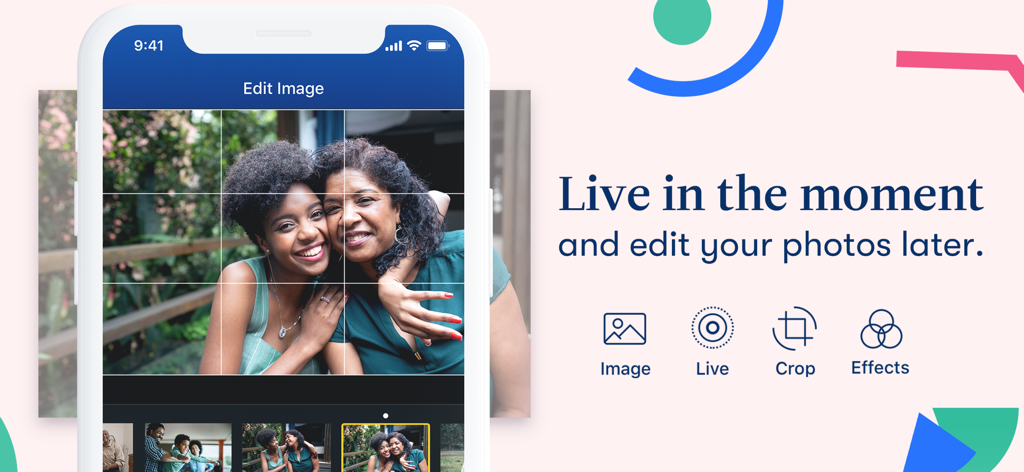 Motif app photo editing screen showing cropping and effect tools with a family picture