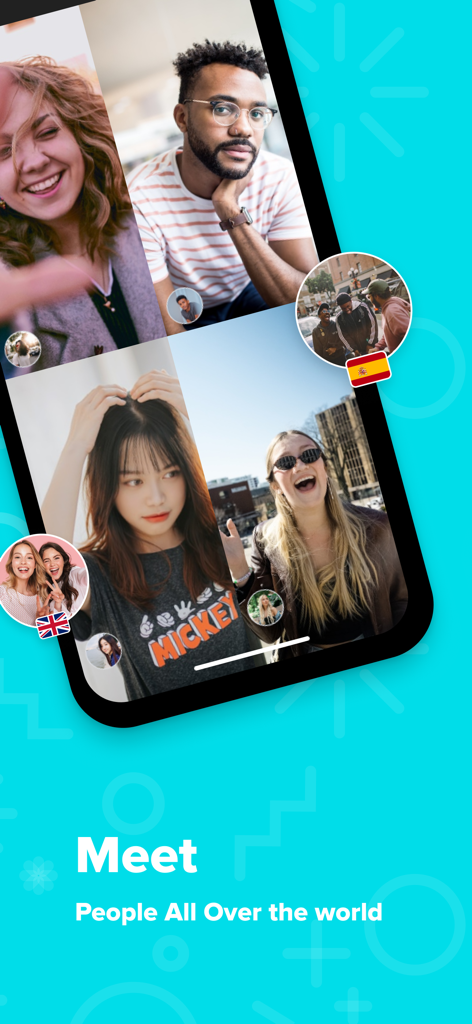 Interface do aplicativo YouNow mostrando uma transmissão de vídeo em grupo com usuários diversos e bandeiras internacionais.