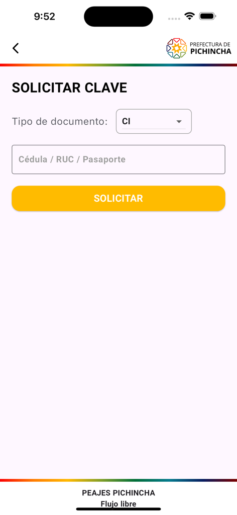 Peajes Pichincha V2 - Pantalla de solicitud de clave de acceso en la aplicacion Peajes Pichincha V2 con campos para tipo de documento y numero de identificacion