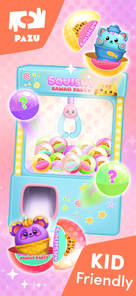 A colorful claw machine filled with surprise capsules and cute animal squishies in the Squishy Maker app.