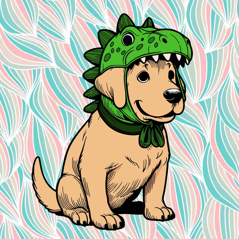 realistic dog with a dinosaur hat on