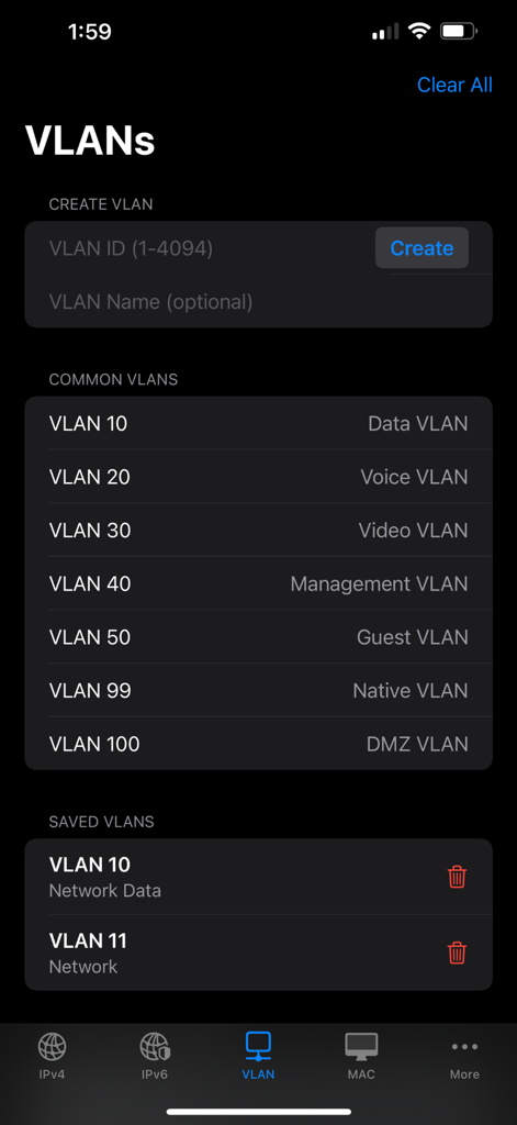 NetBuddy IP Subnet Calculator - VLAN management interface in the NetBuddy app showing common and saved network configurations