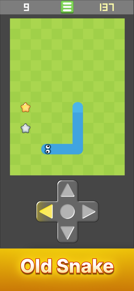 Snake Games: Arcade - Classic snake game gameplay with a blue snake on a checkered green grid and retro directional controls.