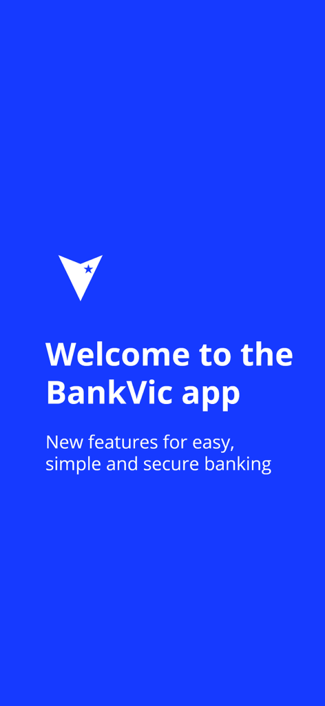 BankVic app - Welcome screen of the BankVic mobile app with white logo and blue background