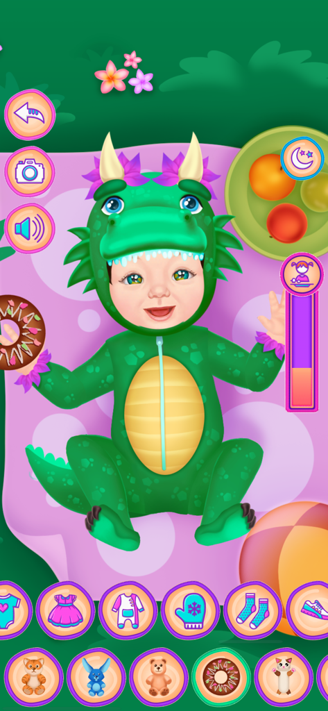 Baby Dress Up & Daycare Game 2 - A baby character wearing a green dragon costume in a mobile dress up and daycare game.