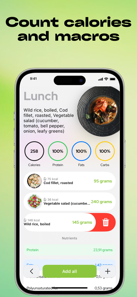 Diet: Weight loss Healthy food - Interfaz de una app de planificación de comidas mostrando el seguimiento de calorías y macros para un almuerzo saludable