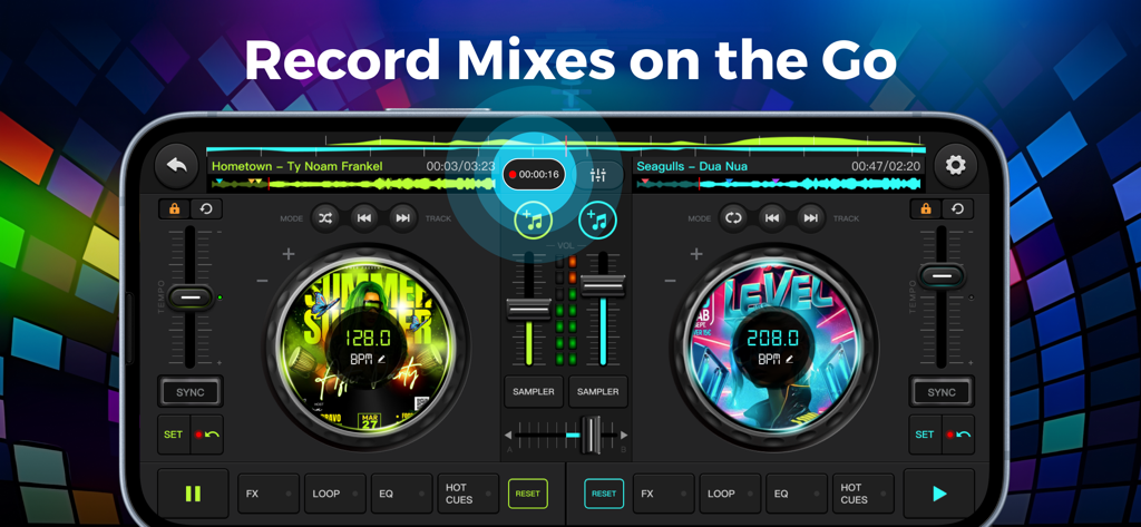 Rythmix DJ mobile app interface showing dual virtual turntables and recording features