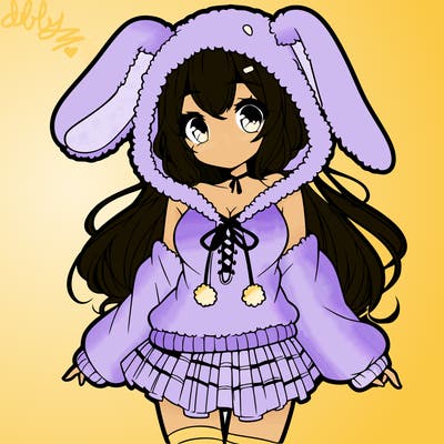 pretty anime girl wearing a fluffy hoodie with bunny ears on the hood and a skirt