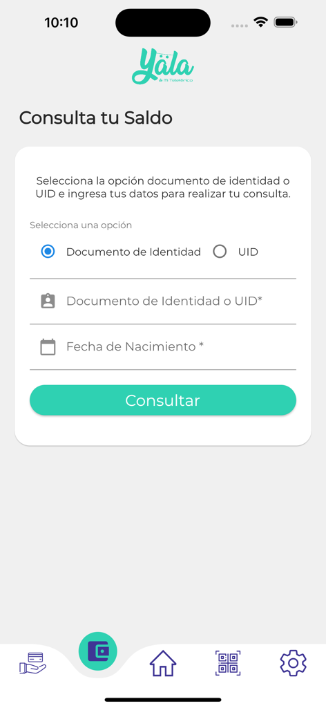 Yala Mi Teleférico - Yala Mi Teleferico mobile app interface showing the balance inquiry screen with fields for identity document and birth date