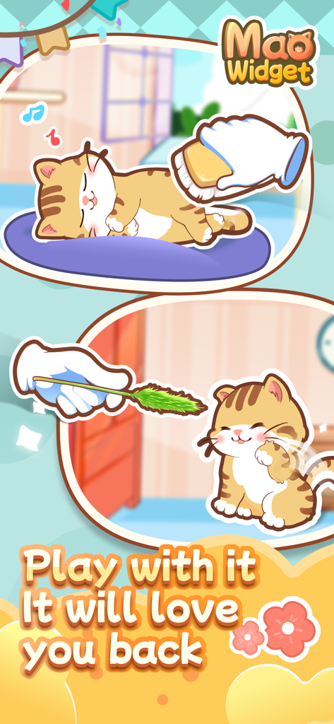 Two scenes showing a hand brushing and playing with a virtual orange cat