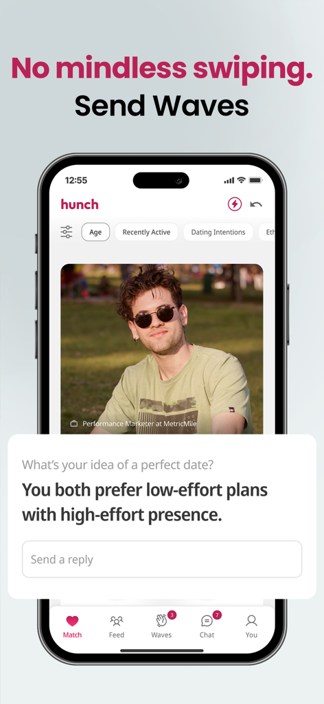 Hunch dating app interface showing a user profile and a message prompt to send waves instead of swiping