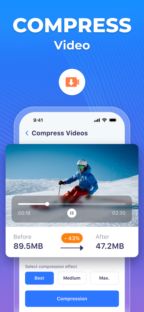 HyperClean - Phone Cleaner - Pantalla de la aplicación HyperClean mostrando un video comprimiéndose de 89.5 MB a 47.2 MB para ahorrar espacio de almacenamiento