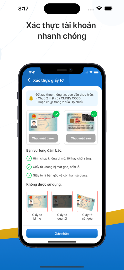 Baoviet Direct - Écran de l'application Baoviet Direct pour la vérification des documents d'identité et le téléchargement de la photo de la carte d'identité.