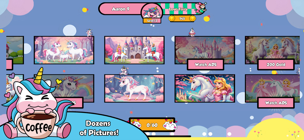 Unicorn Puzzle Game - Pantalla de la galería del Juego de Puzles de Unicornios con múltiples imágenes mágicas de unicornios y castillos para niños.
