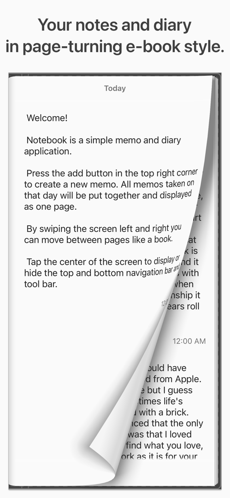 Notebook - Diary & Journal App - Ein digitaler Tagebuch-App-Bildschirm, der eine realistische Seitenumblätteranimation zeigt.