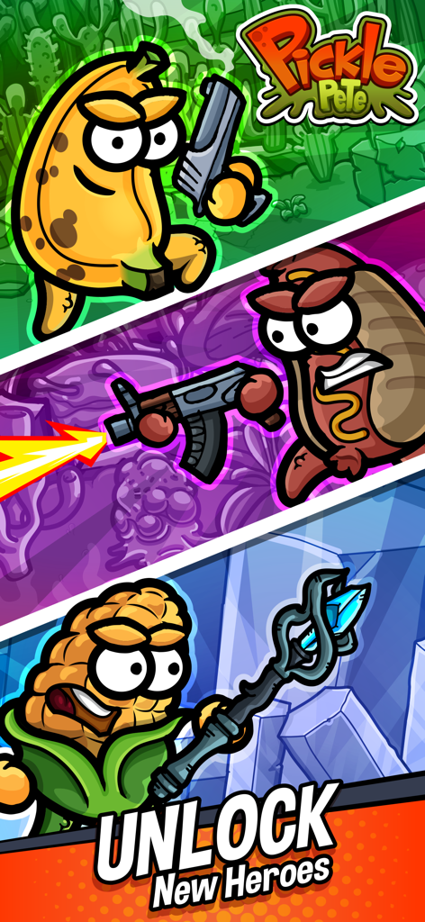 Pickle Pete: Survivor - A promotional graphic for Pickle Pete featuring a banana, a hot dog, and a corn character holding weapons with the text unlock new heroes.