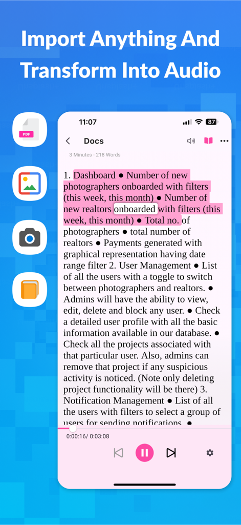 Crikk app interface showing text highlighting during audio playback with import icons for PDF and images