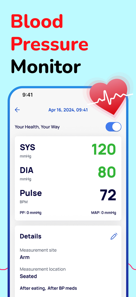 Blood Pressure Tracker + - Interfaz de la aplicación Heartly que muestra lecturas de presión arterial para métricas sistólica, diastólica y de pulso.