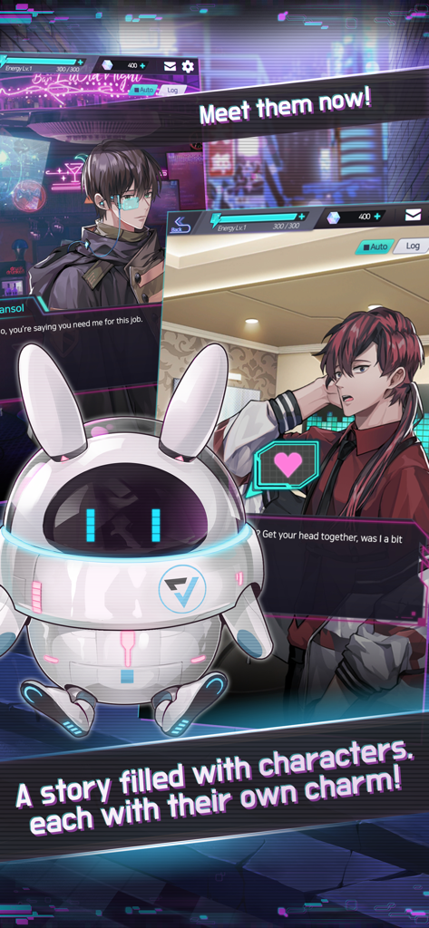 Anime style male characters and a white rabbit robot from the Mayday Memory cyberpunk story game