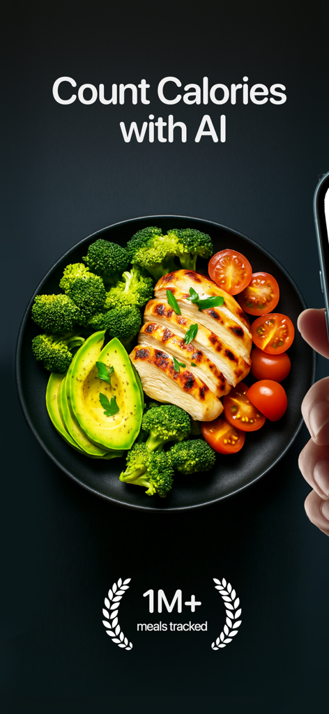 Interface do aplicativo mostrando um smartphone escaneando um prato de frango e vegetais com o texto Contar Calorias com IA.