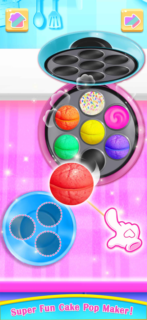 Cake Games: Cupcake Food Games - A colorful digital cake pop maker game interface showing various colored batters and a finished cake pop being lifted on a stick