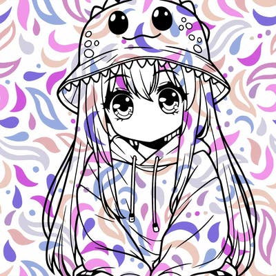 girl with anime shaped eyes with a dinosaur bucket hat oversized sweatshirt long straight hair