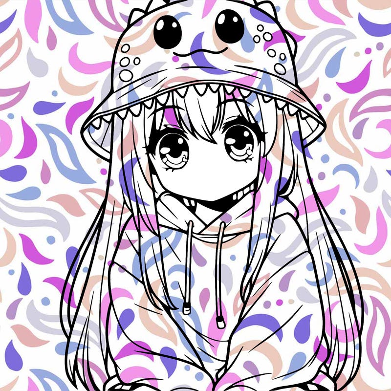 girl with anime shaped eyes with a dinosaur bucket hat oversized sweatshirt long straight hair