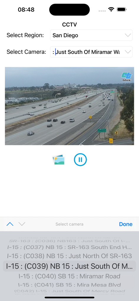 Live Traffic Cameras in CA - Screenshot of the app showing a live CCTV traffic feed of the I-15 freeway in San Diego California