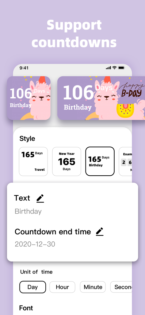 Interface of MagicWidgets app showing customization options for cute aesthetic countdown widgets with alpaca designs