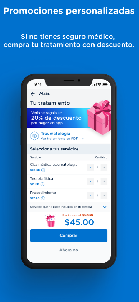 Mi Veris - Interfaz de la aplicación Mi Veris que muestra una lista de servicios médicos y un precio total con descuento para tratamientos