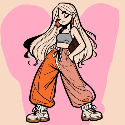 girl in baggy pants crop top and long hair