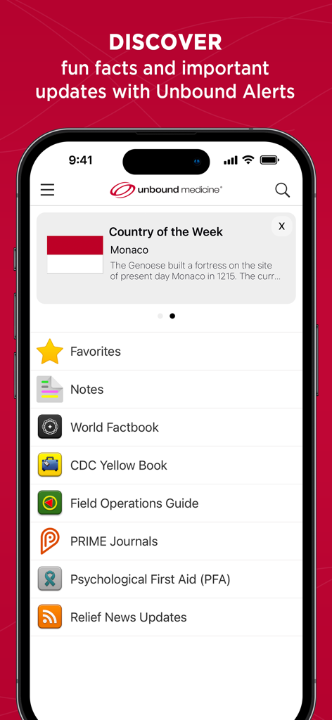 Relief Central - Relief Central app home screen displaying menu items for World Factbook and CDC Yellow Book.