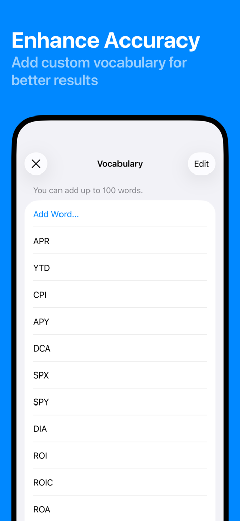Interface de l'application Tablo montrant une liste de termes de vocabulaire personnalisés tels que ROI et CPI pour améliorer la précision de la transcription