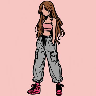 girl in baggy pants crop top and long hair
