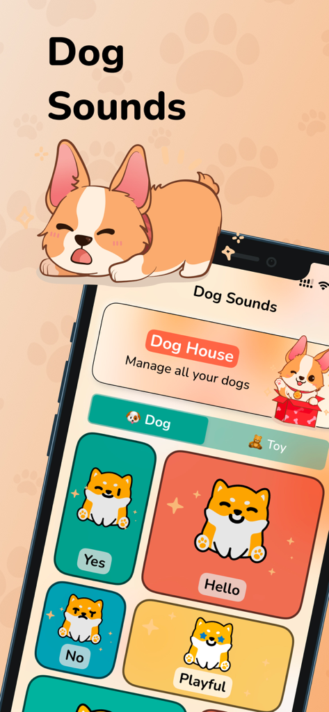 Dog bark translator sound walk - Mobile app interface showing dog sound categories with cute cartoon dog illustrations