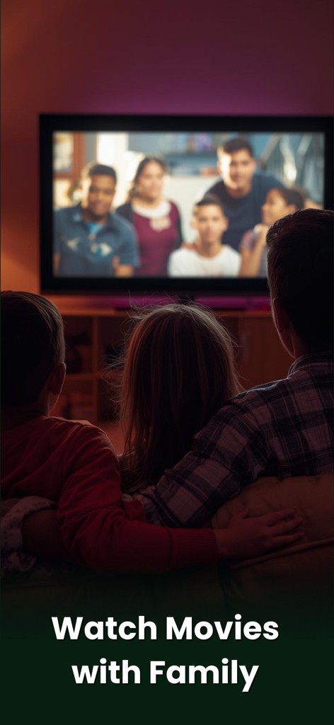 Un padre y sus hijos sentados en un sofá viendo una película juntos en la pantalla de un televisor