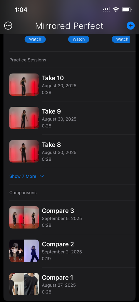 Mirrored Perfect - A list of dance practice takes and side-by-side comparison videos in the Mirrored Perfect app.