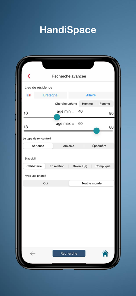 HandiSpace - Dating & Chat - HandiSpace App erweiterte Suchansicht mit Filtern für Alter, Standort und Beziehungsart.